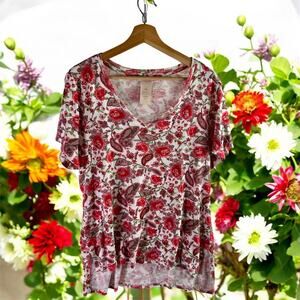 Philosophy Women's XL White 100% Pima Cotton S/S Floral Paisley V Neck Shirt